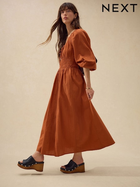 Rust Brown Balloon Sleeve Seersucker Midi Dress (F04416) | £50