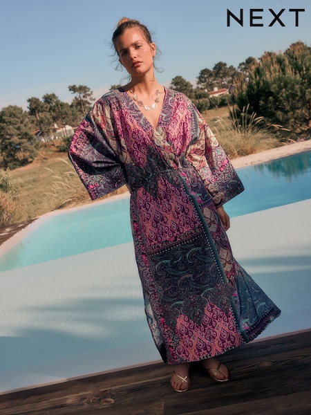 Pink & Purple Paisley Print Kimono Sleeve Waisted Midi Dress (F04417) | £58