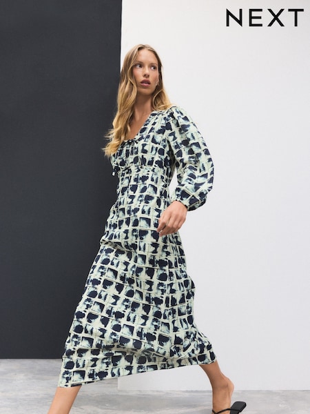 Black White Tile Print Long Sleeve Tie Front Midi Dress (F04424) | £36