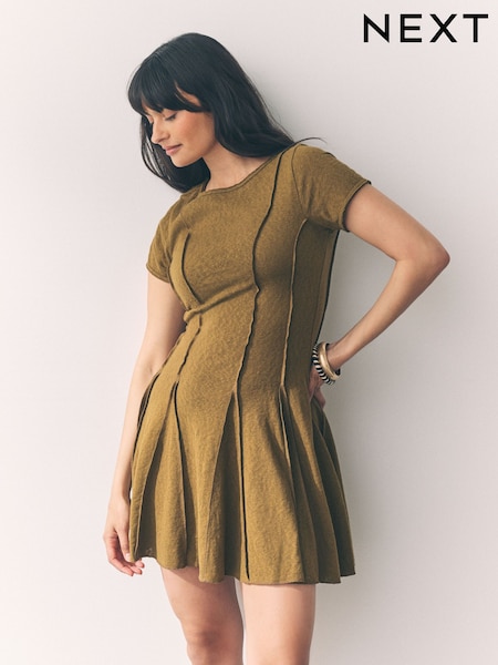 Khaki Green Jersey Seam Detail Mini Dress (F04426) | £28