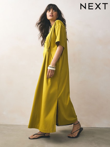 Olive Green Short Sleeve T-Shirt Twist Midi Dress (F04431) | £32