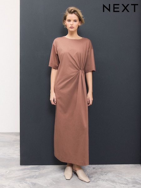Chocolate Brown Short Sleeve T-Shirt Twist Midi Dress (F04432) | £32