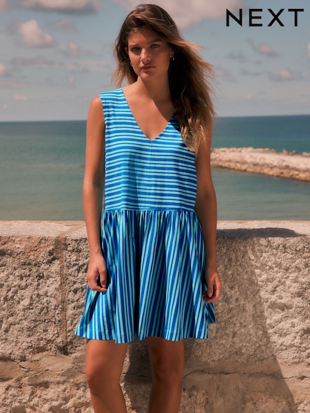 Blue Stripe 100% Cotton V-Neck Jersey Mini Summer Dress (F04438) | £22