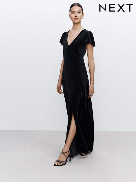 Black Bridesmaid Velvet Flutter Sleeve Maxi Dress (F04461) | £72