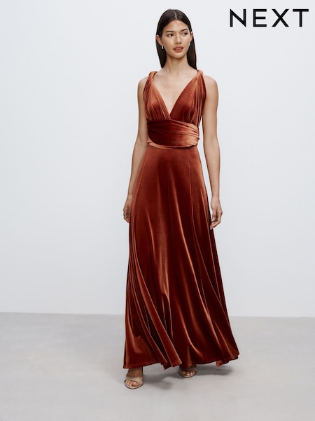 Rust Brown Bridesmaid Velvet Multiway Maxi Dress (F04462) | £82