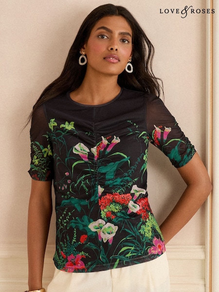 Love & Roses Black Floral Print Ruched Front Mesh Short Sleeve Top (F04549) | £28