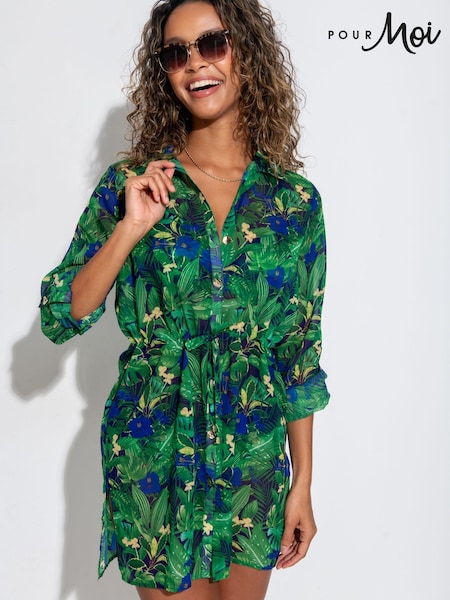 Pour Moi Blue Chiffon Button Through Beach Shirt (F04684) | £39