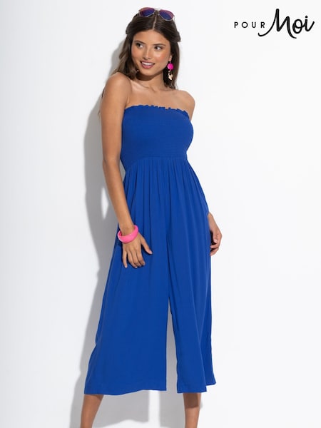 Pour Moi Blue Strapless Shirred Bodice Crop Leg Beach Jumpsuit (F04702) | £42