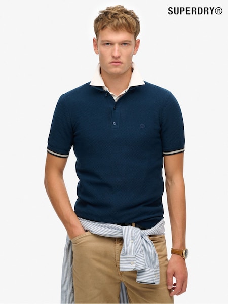 Superdry Navy Superdry Knitted Texture Short Sleeve Relaxed Polo Shirt (F04777) | £45