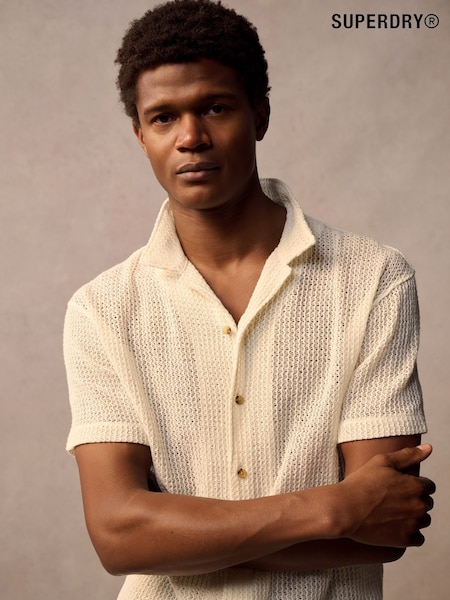 Superdry Cream Superdry Knitted Texture Relaxed Short Sleeve Shirt (F04785) | £45