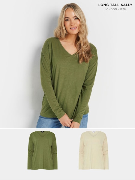 Long Tall Sally Green Sold V-Neck 100% Cotton T-Shirts 2 Pack (F04935) | £23