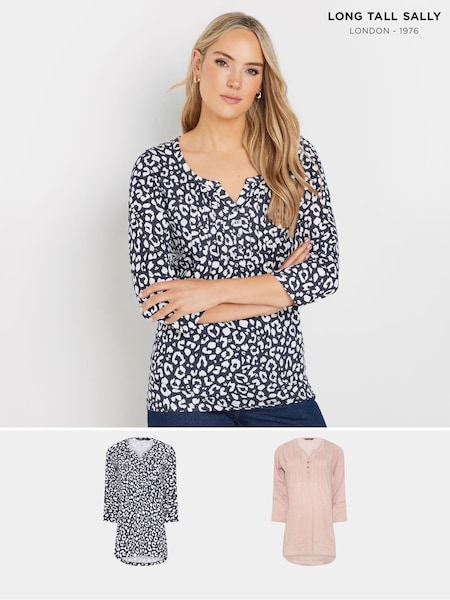Long Tall Sally Blue 100% Cotton Pintuck Henley Top 2 Pack (F04937) | £39