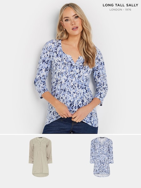 Long Tall Sally Blue Pintuck Henley 100% Cotton Tops 2 Pack (F04950) | £39