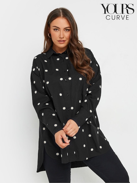 Yours Curve Black Embroidered Daisy Long Sleeve 100% Cotton Shirt (F04985) | £34