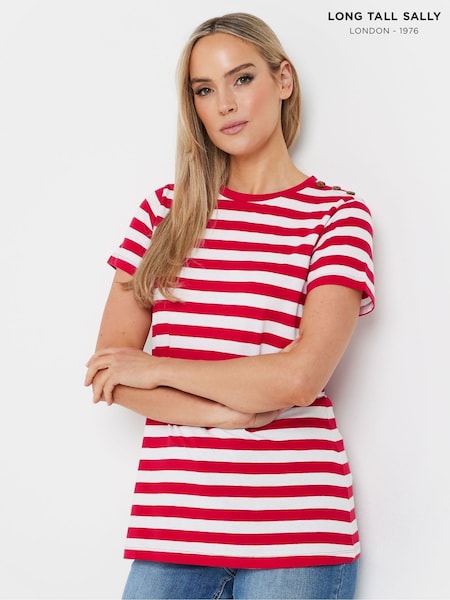 Long Tall Sally Red Stripe Button Shoulder 100% Cotton T-Shirt (F05006) | £21
