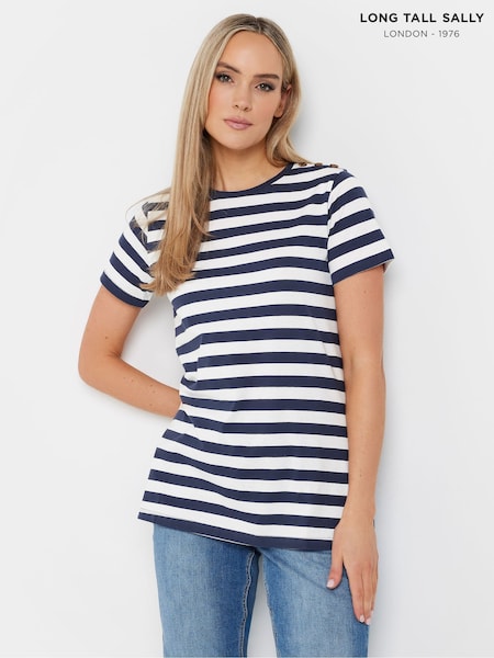 Long Tall Sally Blue Stripe Button Shoulder 100% Cotton T-Shirt (F05035) | £21