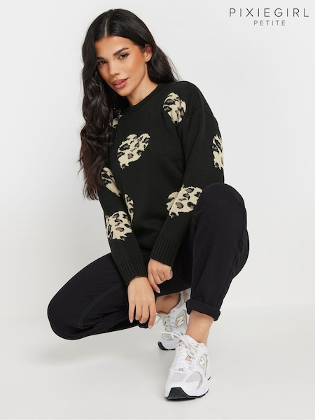 PixieGirl Petite Black Leopard Print Heart Jumper (F05043) | £29