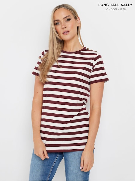 Long Tall Sally Brown Stripe Button Shoulder 100% Cotton T-Shirt (F05045) | £21