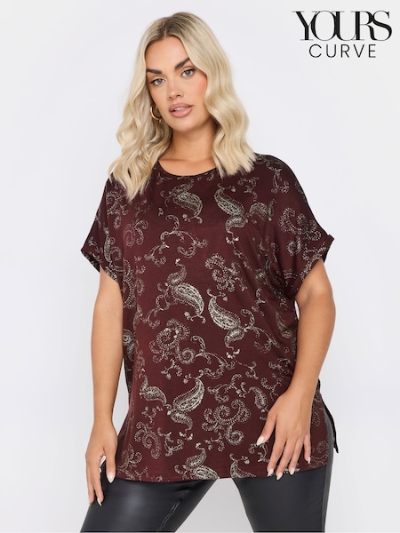 Yours Curve Burgundy Red Paisley Foil Print Top (F05052) | £27