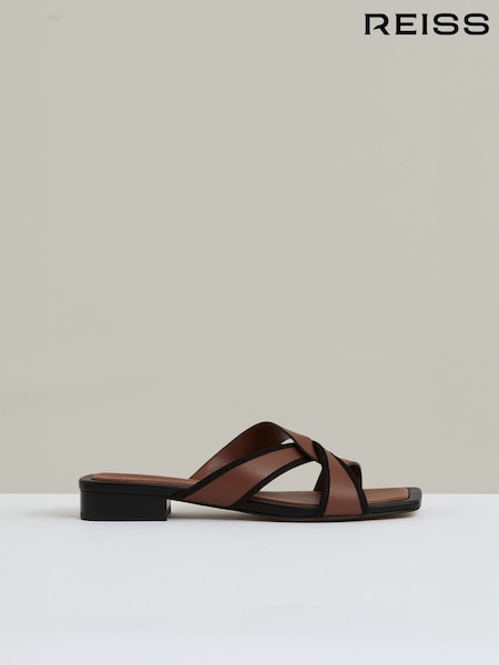 Reiss Tan Clara Leather Link-Strap Slip-On Sandals (F05141) | £158