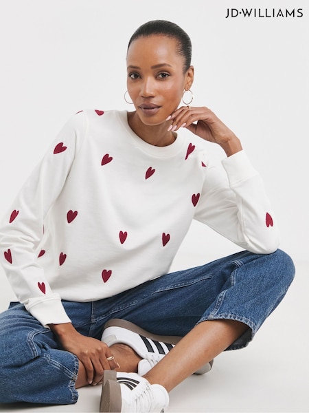 JD Williams White Embroidered Heart 100% Cotton Sweatshirt (F05229) | £35