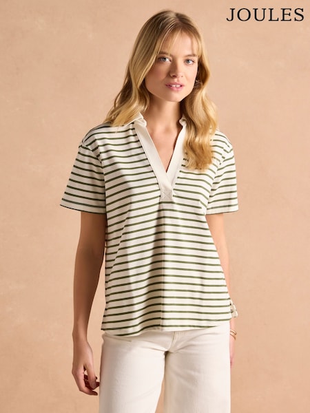Joules Tallie Khaki/Cream Short Sleeve Combed 100% Cotton Collared Top (F05422) | £36