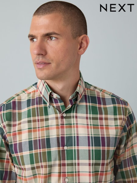 Neutral Brown/ Green Regular Fit Easy Iron Button Down Oxford Shirt (F05587) | £26