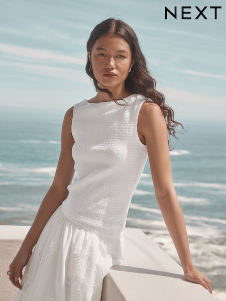 White Shirred Asymmetric Sleeveless Top (F05594) | £22