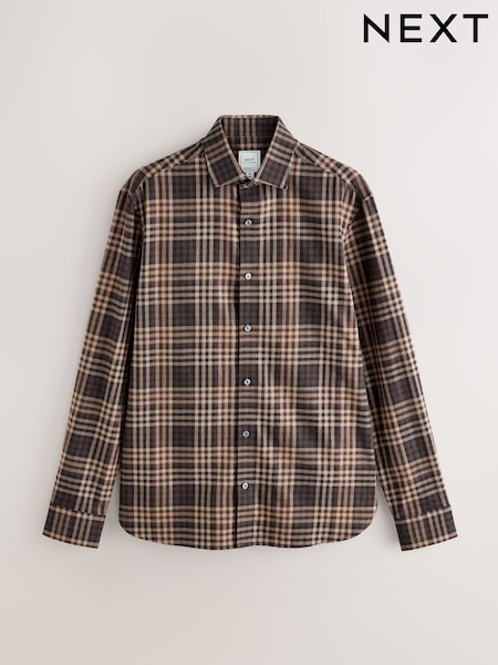 Brown Tonal Regular Fit Check Soft Touch 100% Cotton Smart Long Sleeve Shirt (F05598) | £35