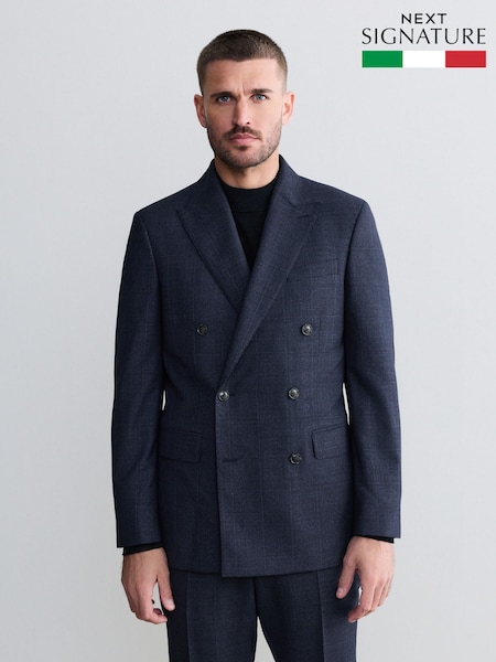 Navy Signature Marzotto Italian Check Fabric Double Breasted Suit Jacket (F05609) | £189