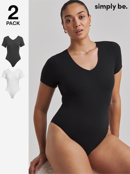 Simply Be Black Smoothing V-Neck T-Shirt Bodysuits 2 Pack (F05884) | £36