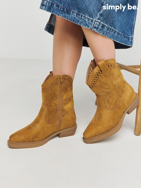 Simply Be Natural Laser Cut Western Boots In Extra Wide Fit (F05887) | £53