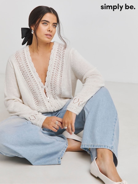 Simply Be White Pointelle Fluffy Scallop Edge Reversible Cardigan (F05909) | £40