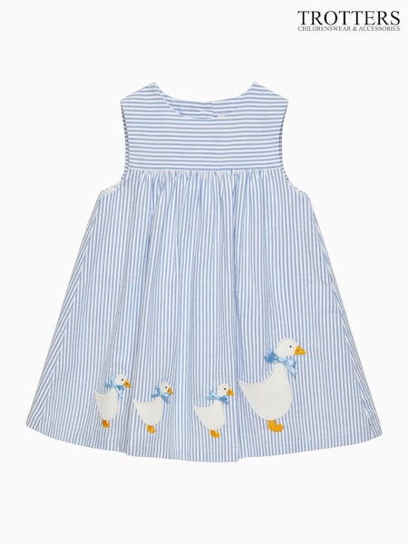 Trotters London Little Blue Stripe 100% Cotton Duck Pinafore Dress (F05933) | £52