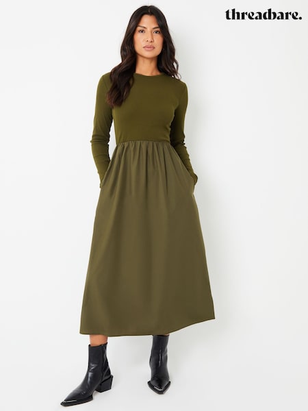 Threadbare Green Ribbed Jersey 2-in-1 Midi Dress with Poplin Skirt (F05947) | £36