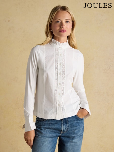 Joules Felicity White Lace Insert Long Sleeve Jersey Shirt (F06154) | £44.95