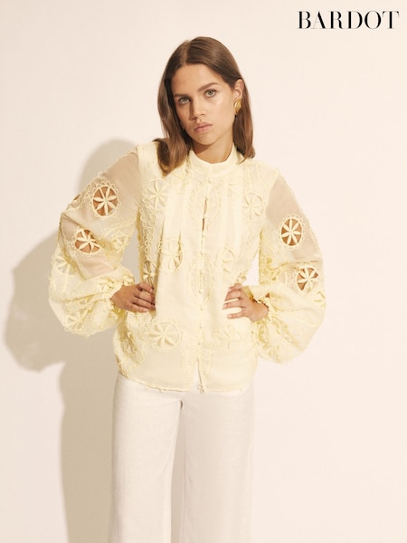 Bardot Yellow Libbie Lace Long Sleeve 100% Cotton Blouse (F06161) | £129