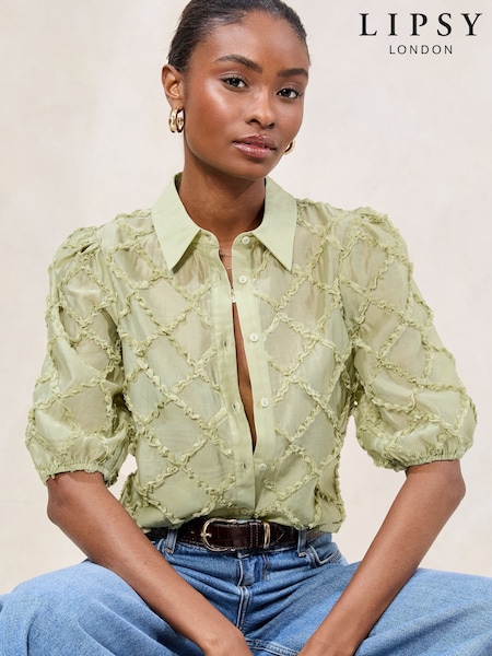 Lipsy Green 3D Fabric Puff Sleeve Shirt (F06450) | £45