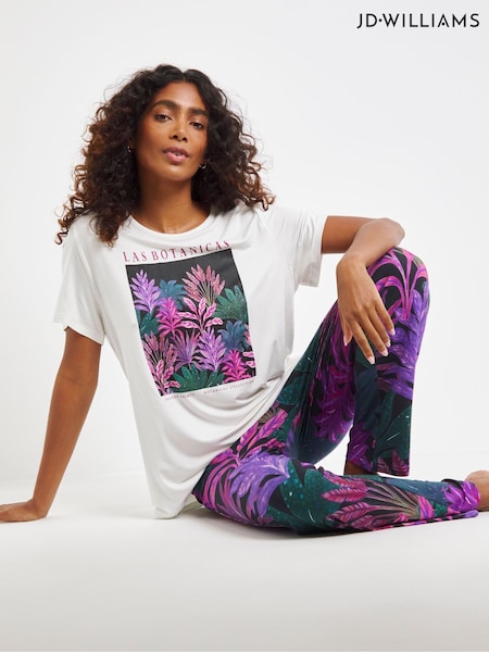 JD Williams White Floral Print Graphic T-Shirt Pyjamas Set (F06461) | £29