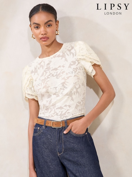 Lipsy Cream Burnout Tulip Sleeve Top (F06466) | £36