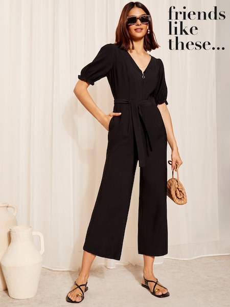 Friends Like These Black Puff Sleeve Zip Front Tie Waist Jumpsuit (F06505) | £58