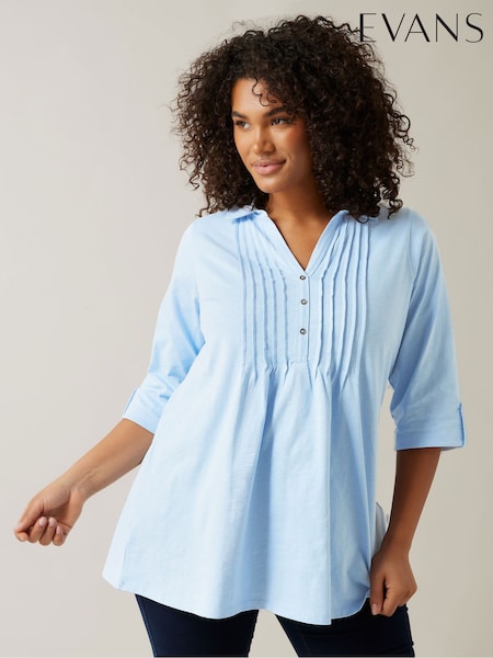 Evans Blue Pintuck Slub Henley 100% Cotton Top (F06566) | £29