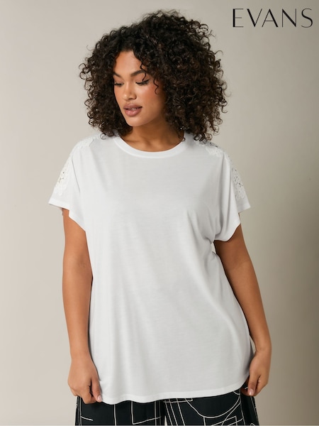 Evans White Crochet Shoulder T-Shirt (F06569) | £24