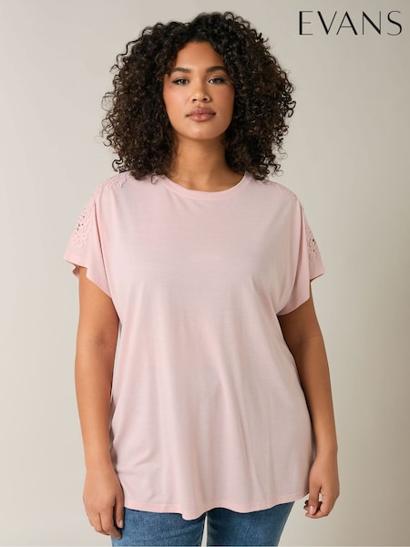 Evans Pink Crochet Shoulder T-Shirt (F06579) | £24