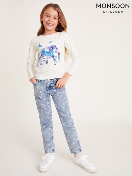 Monsoon Natural Horse Print Long Sleeve 100% Cotton T-Shirt (F06619) | £17 - £21