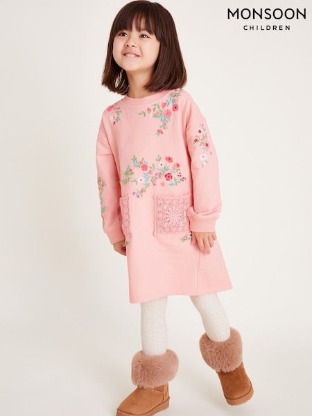 Monsoon Pink Floral Print Embroidered Sweatshirt 100% Cotton Dress (F06648) | £34 - £38