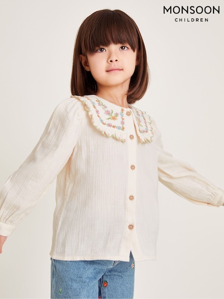 Monsoon Natural 100% Cotton Floral Print Embroidered Collar Blouse (F06688) | £22 - £26