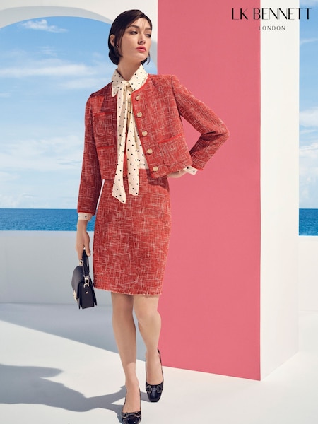 LK Bennett Red Alexa Red Cotton Blend Tweed Jacket With Plaited Trim (F06712) | £299