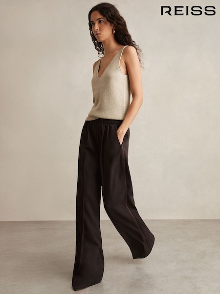 Reiss Chocolate Brown Remi Petite Elasticated Side Stripe Wide Leg Trousers (F06895) | £140