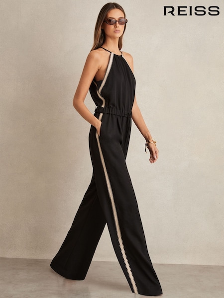 Reiss Black Auden Halterneck Craft Stitch Jumpsuit (F06907) | £248